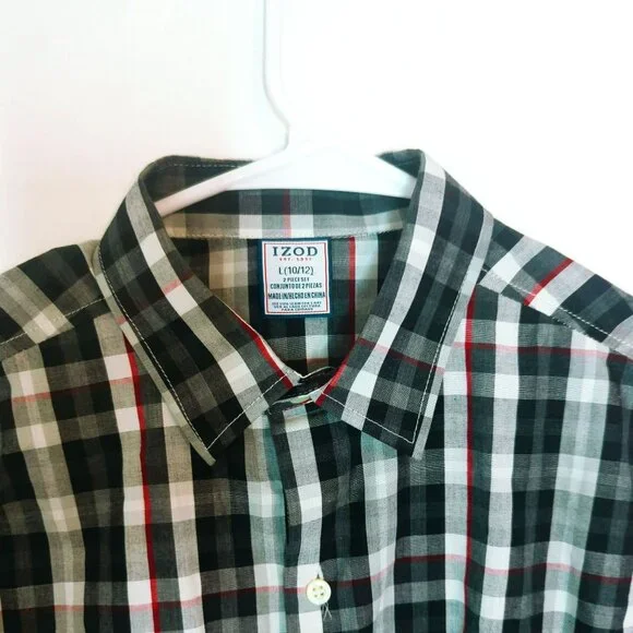 IZOD Boys Button Up Long Sleeve Dress Shirt Plaid Size Large (10/12) Black Red - Picture 3 of 6